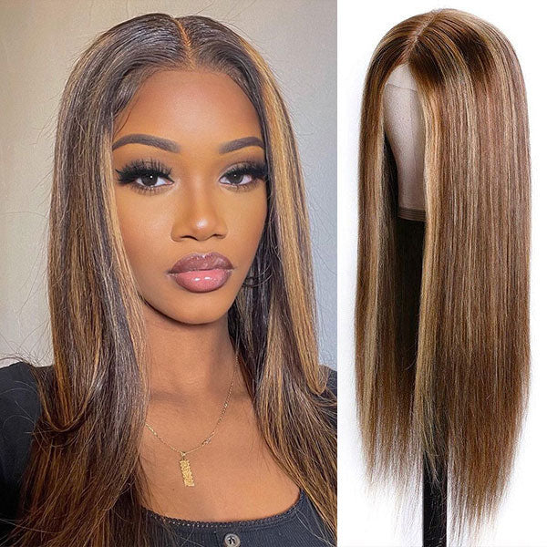 Honey Brown Highlight Pre Plucked Transparent Lace Front Wig Brazilian Straight Human Wig