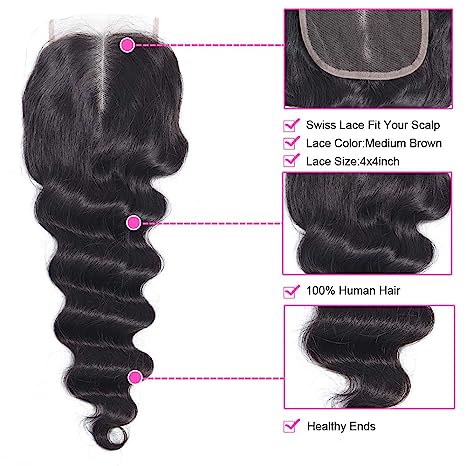Loose Deep HD 5x5 Lace Closure Pre Plucked with Baby Hair Free Part Human Hair