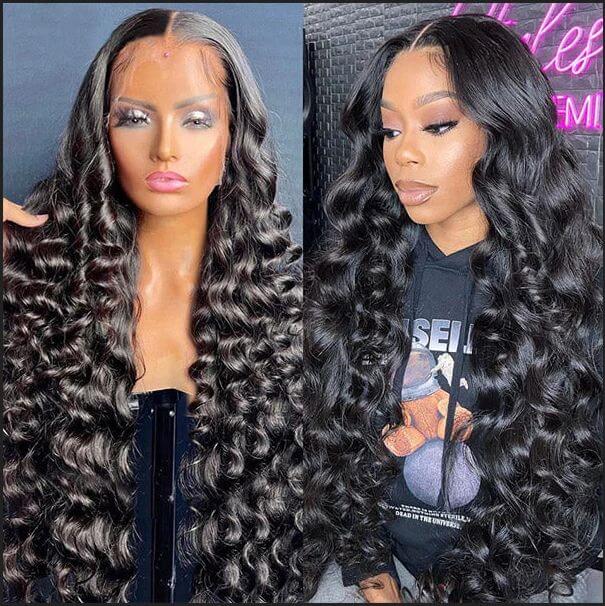 Loose Wave Full 13x4 Lace Frontal Wig Human Hair Wigs Natual Black Free Part