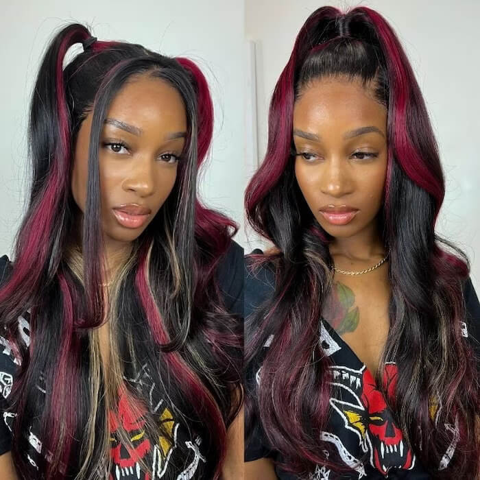 Multi Color Highlight Wigs Loose Body 13x4 Lace Front Wigs Black With Blonde Red Streaks