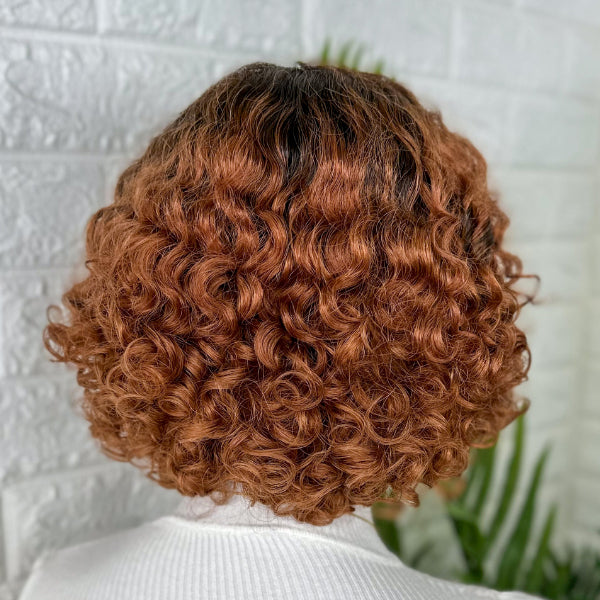Omber Brown Short Cut Curly Glueless Double Drawn Hair Bob Wig 100% Human Hair