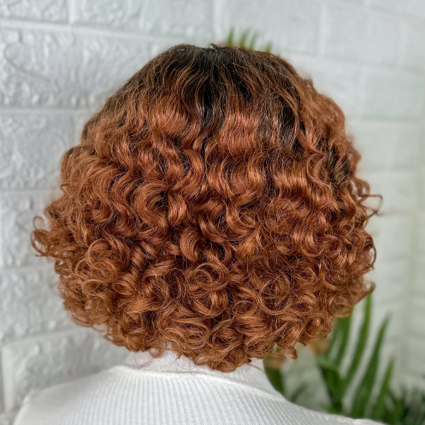 Omber Brown Short Cut Curly Glueless Double Drawn Hair Bob Wig 100% Hu ...