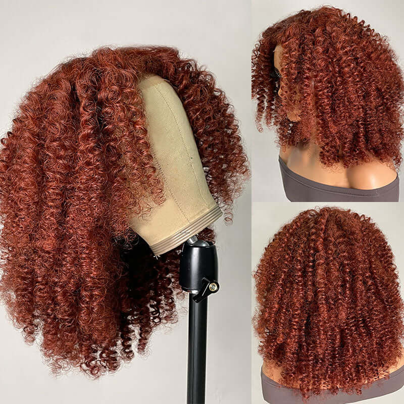 Pre-Cut 4C Afro Kinky Curly Wig Auburn Brown 13x4 Lace Frontal Air Wig