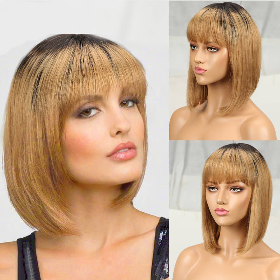 Short Ombre Honey Blonde Bob Wig With Baby Hair Honey Brown Straight Human Hair Wigs