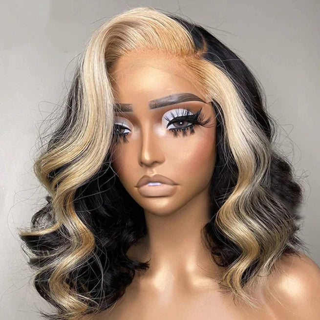 Skunk Stripe Highlight Blonde Color Double Drawn Hair 13*4 Transparent Lace Frontal Wig Short Style Wave Bob