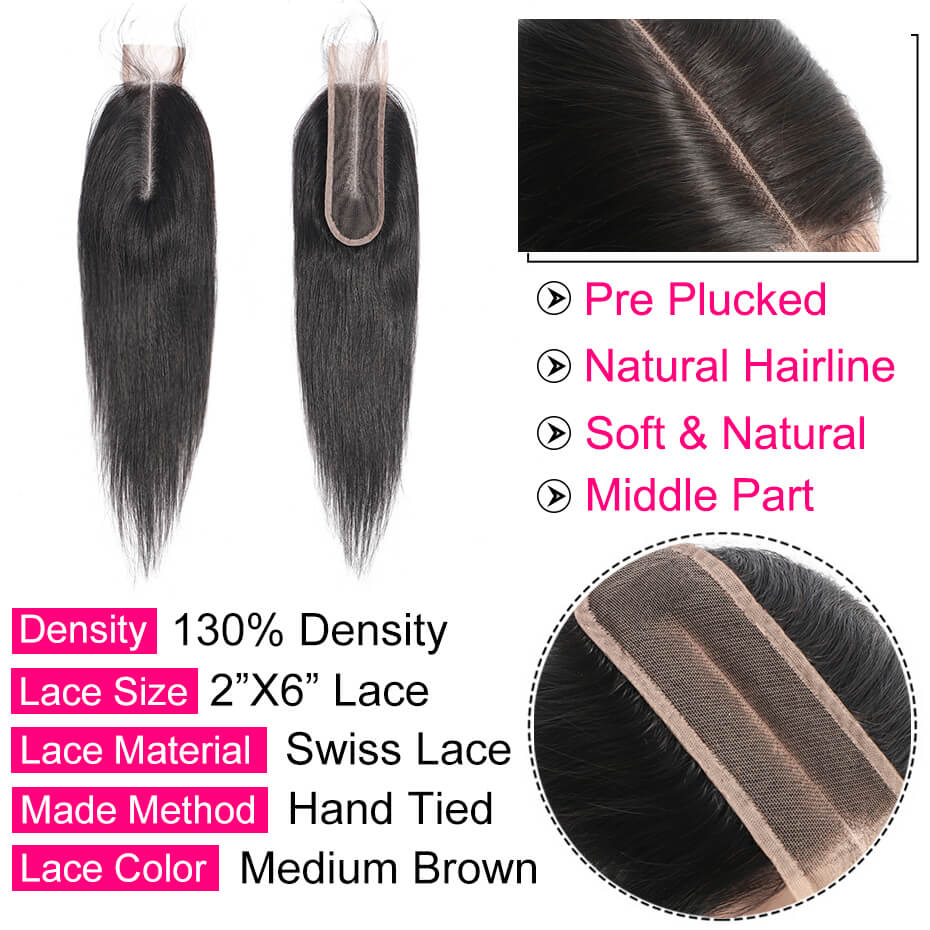 Straight 2x6  Lace Closure Natural Color Human Hair Middle Part Closure bling hair