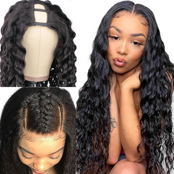 Water Wave Human Hair Wig Wet And Wavy Machine Made Non-Lace Wigs For Women U Part Wig Easy Install