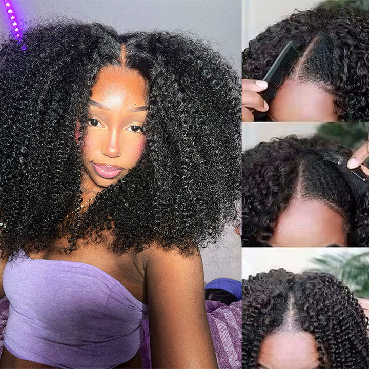 Afro Kinky Curly V Part Human Hair Wigs No Leave Out Glueless Wig