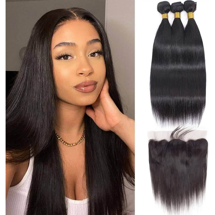 Straight Bundles With 13×4 Lace Frontal 10A Grade 100% Human Virgin Hair Bling Hair | Square main image