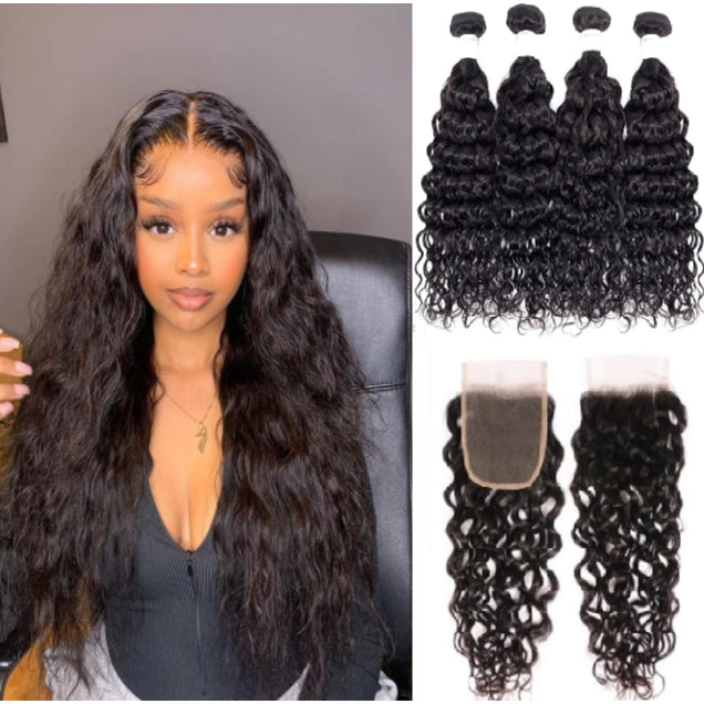 Water Wave Human Hair 4 Pics Bundles With 4×4 Closure Free Part 15A Grade Bling Hair | Square main image