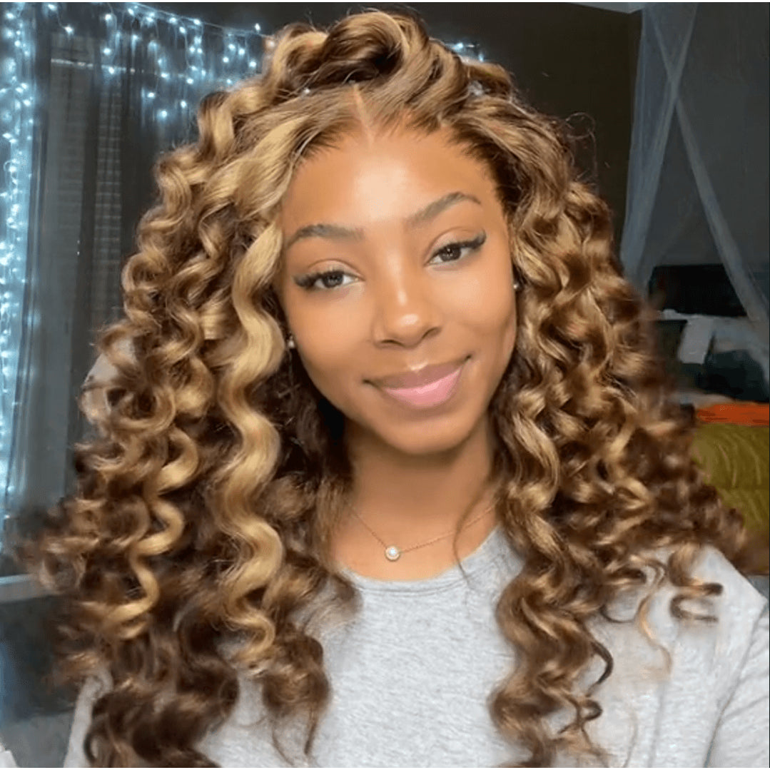 Highlight Honey Blonde Bouncy Curly Hair Lace Front Wand Curl Human Hair Wig | Square main image
