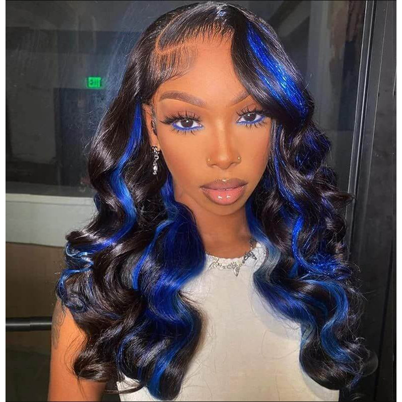 Glueless Highlight Blue Body Wave Transparent Lace Front Color Wigs Human Hair Wigs For Women | Square main image