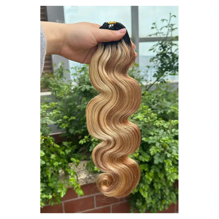 Double Drawn Body Wave Feather Crochet human hair extensions with T-Natural Black roots and a 27/30/613 color mix