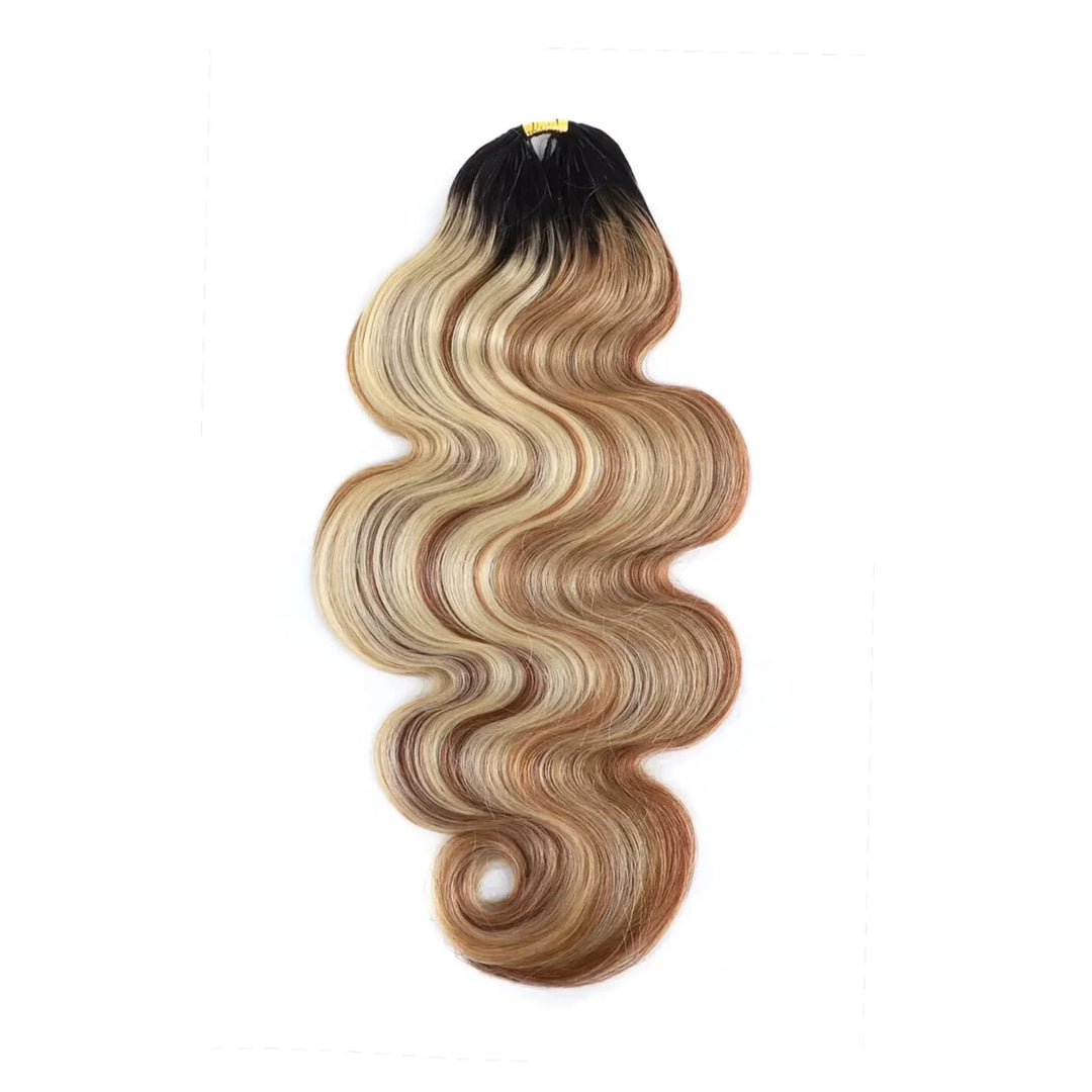 Double Drawn Body Wave Feather Crochet human hair extensions with T-Natural Black roots and a 27/30/613 color mix