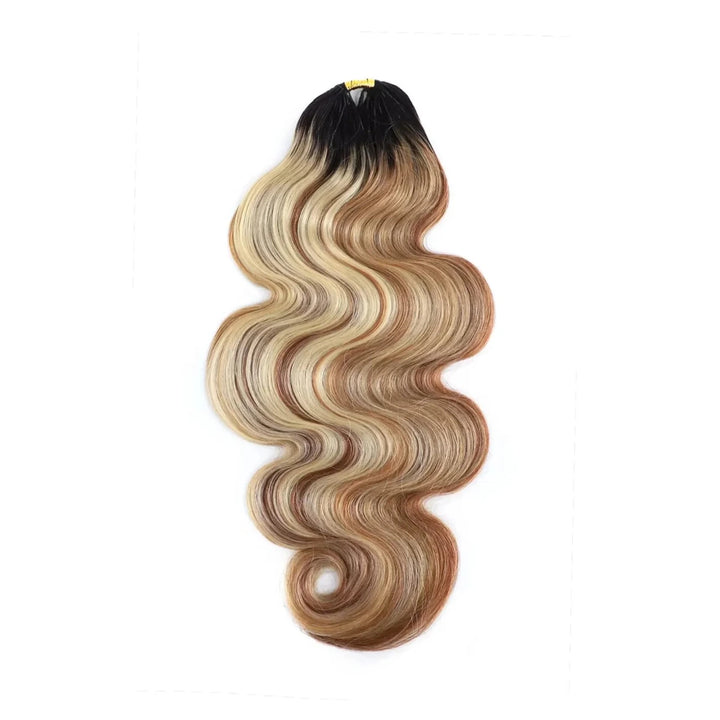 Double Drawn Body Wave Feather Crochet human hair extensions with T-Natural Black roots and a 27/30/613 color mix
