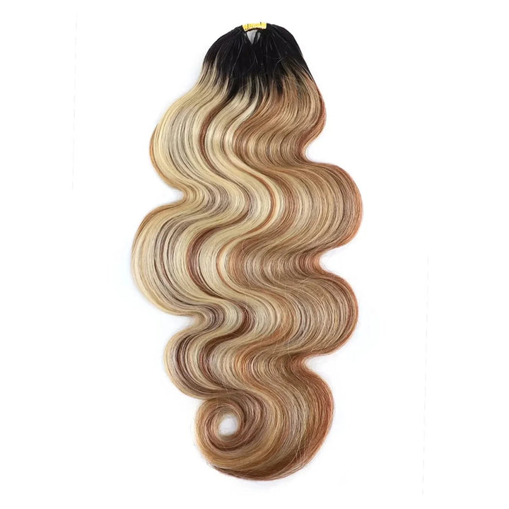 Double Drawn Body Wave Feather Crochet human hair extensions with T-Natural Black roots and a 27/30/613 color mix