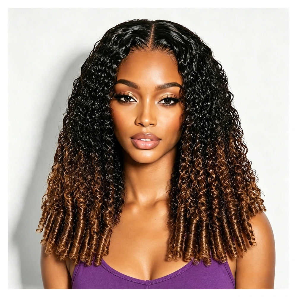 Chestnut brown ombre Burmese Curly human hair wig with InvisiStrap and transparent 360 lace