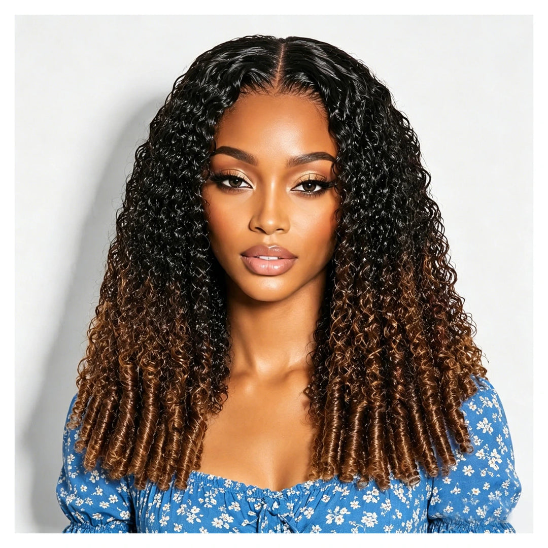 Chestnut brown ombre Burmese Curly human hair wig with InvisiStrap and transparent 360 lace