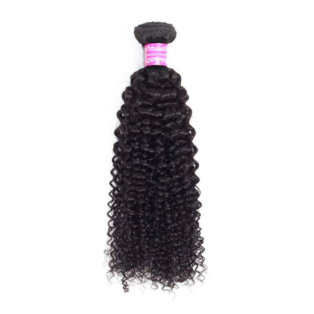Natural black Kinky Curly virgin human hair in a single machine-double-weft bundle