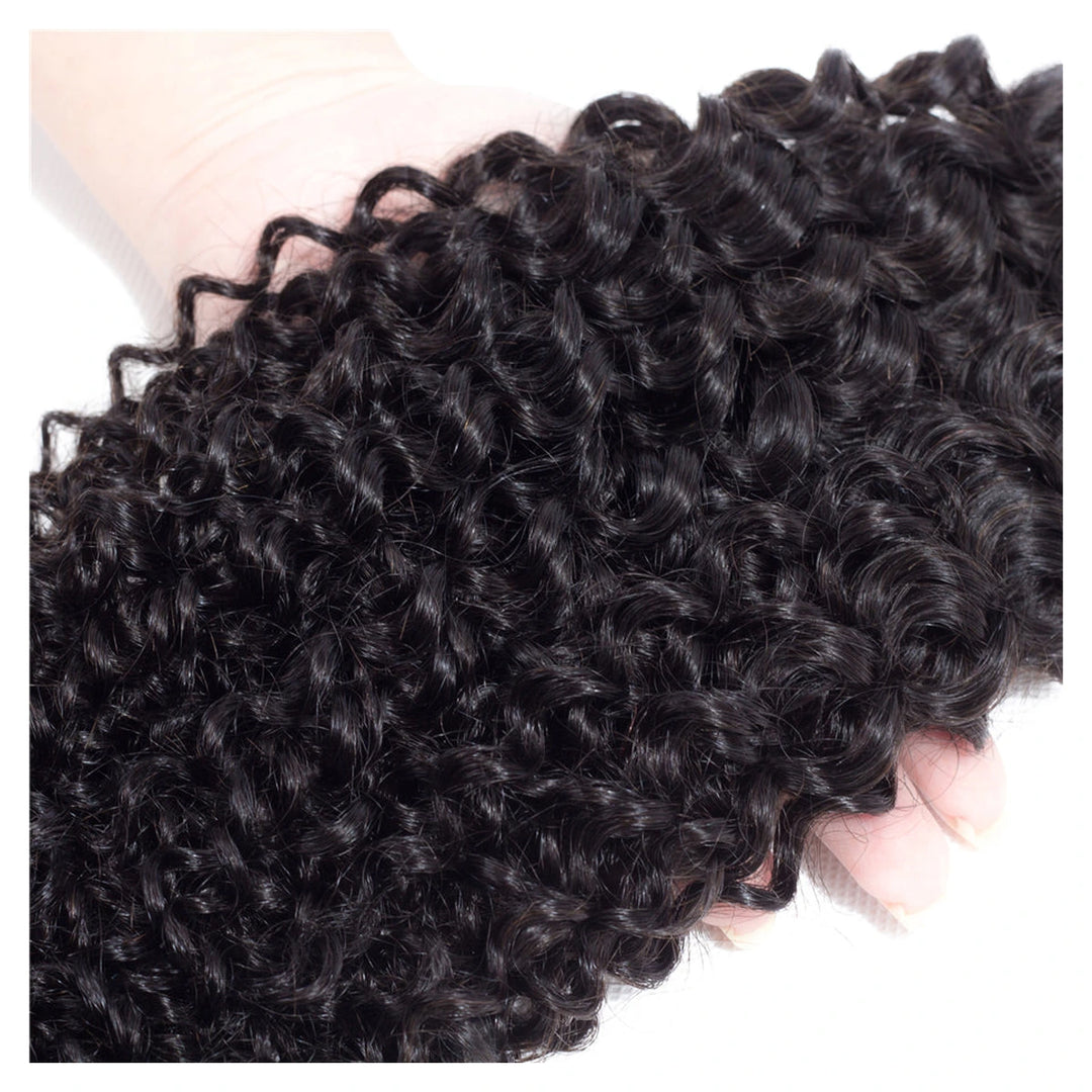 Natural black Kinky Curly virgin human hair in a single machine-double-weft bundle