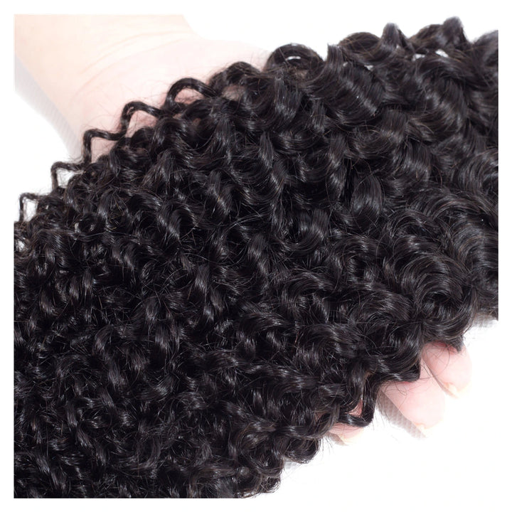 Natural black Kinky Curly virgin human hair in a single machine-double-weft bundle