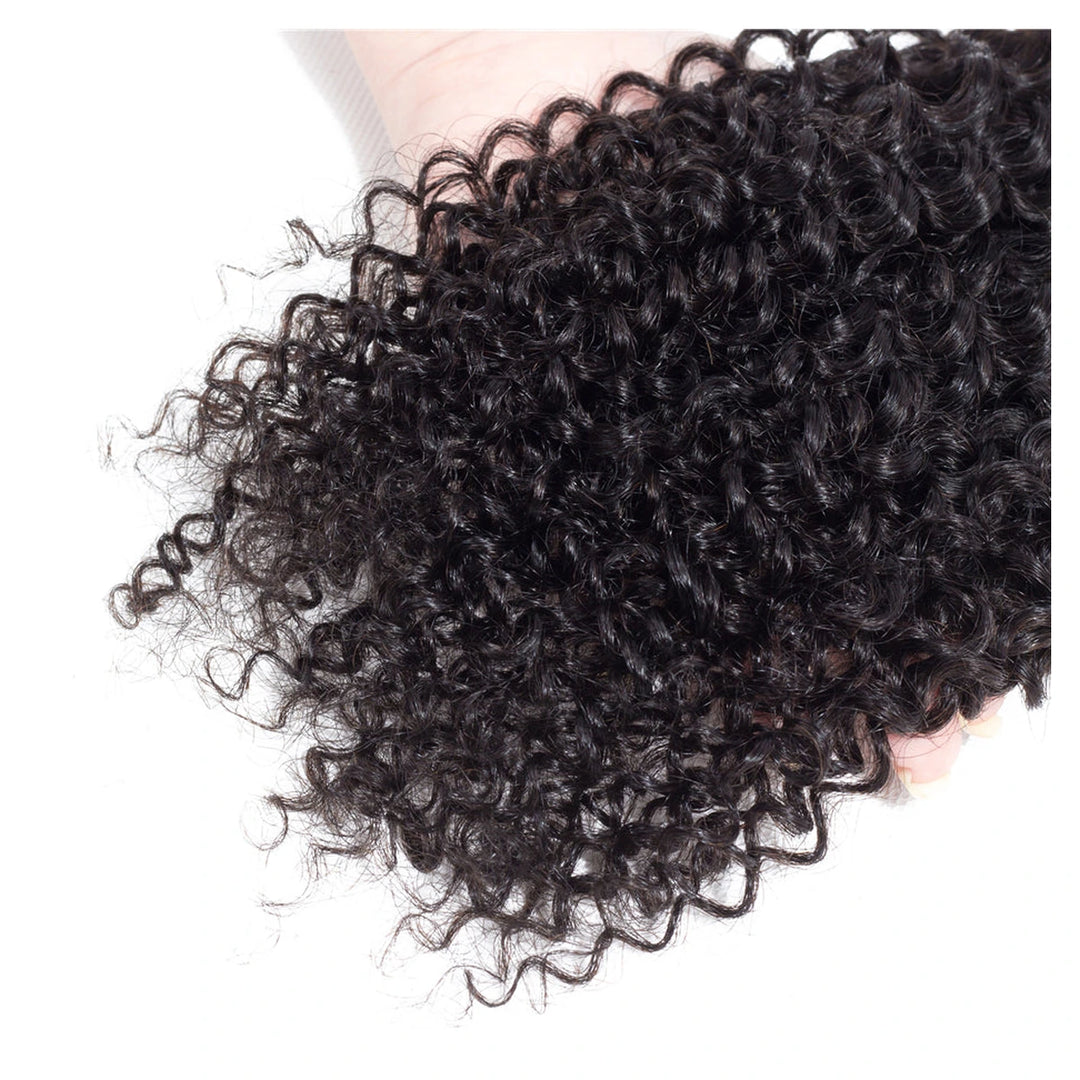 Natural black Kinky Curly virgin human hair in a single machine-double-weft bundle