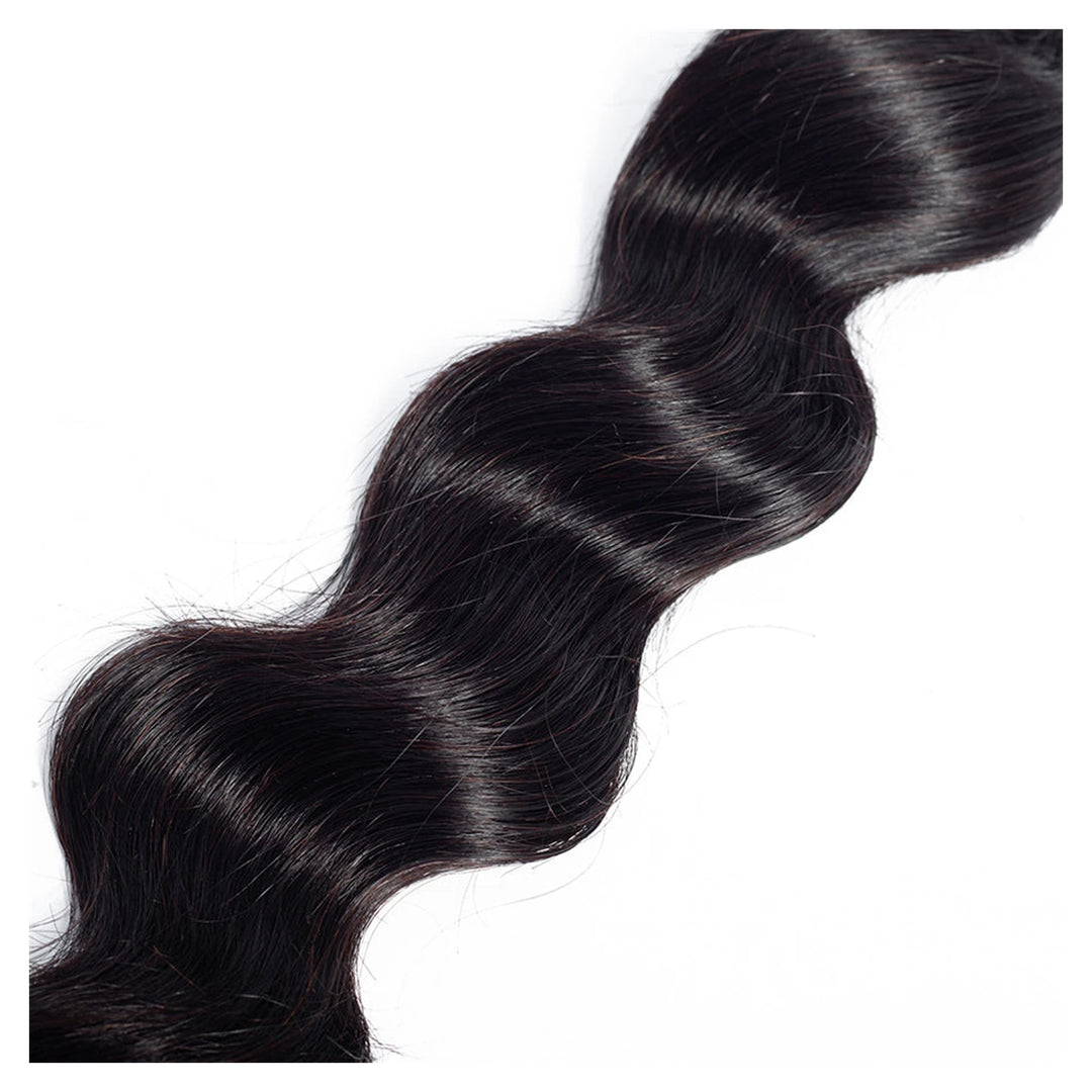 Loose Deep Wave human hair extension bundle in natural black, 100 ± 5 g