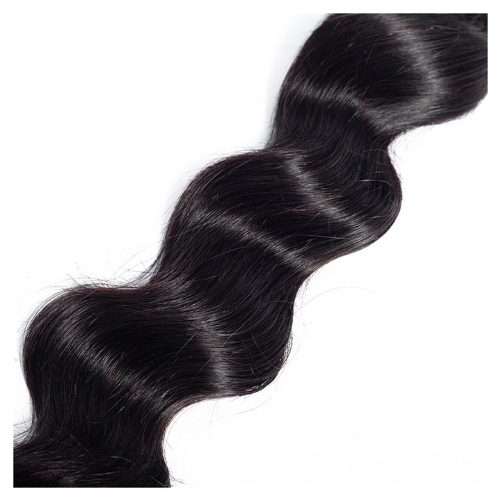 Loose Deep Wave human hair extension bundle in natural black, 100 ± 5 g