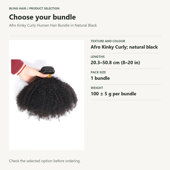 Selection guide for Afro Kinky Curly Human Hair Bundle in Natural Black. Check the selected option before ordering.