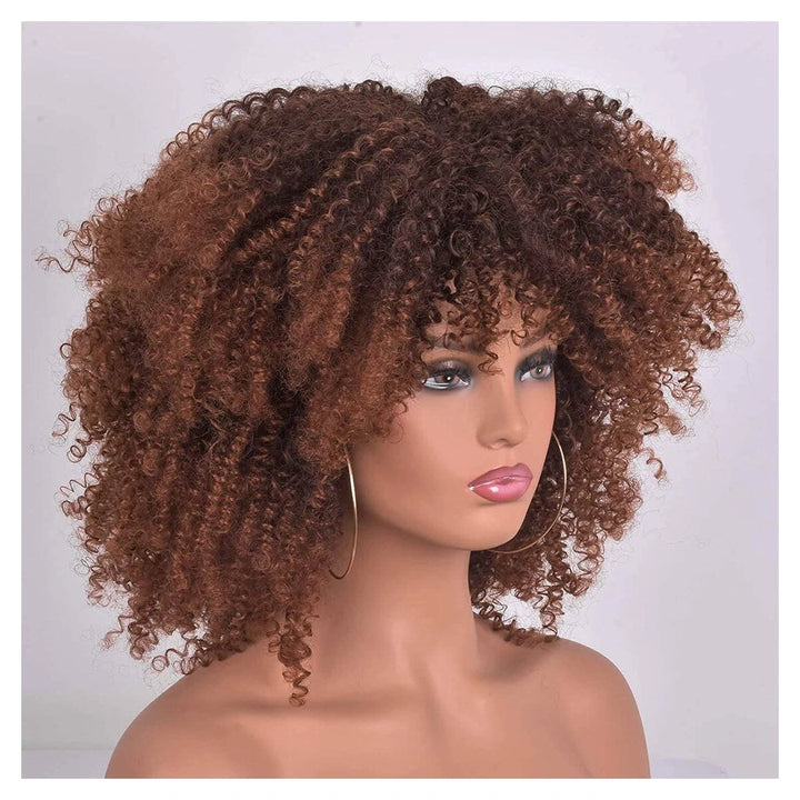 Bling Hair Afro Curly human hair wig in 1B/brown ombre with a fringe and no lace