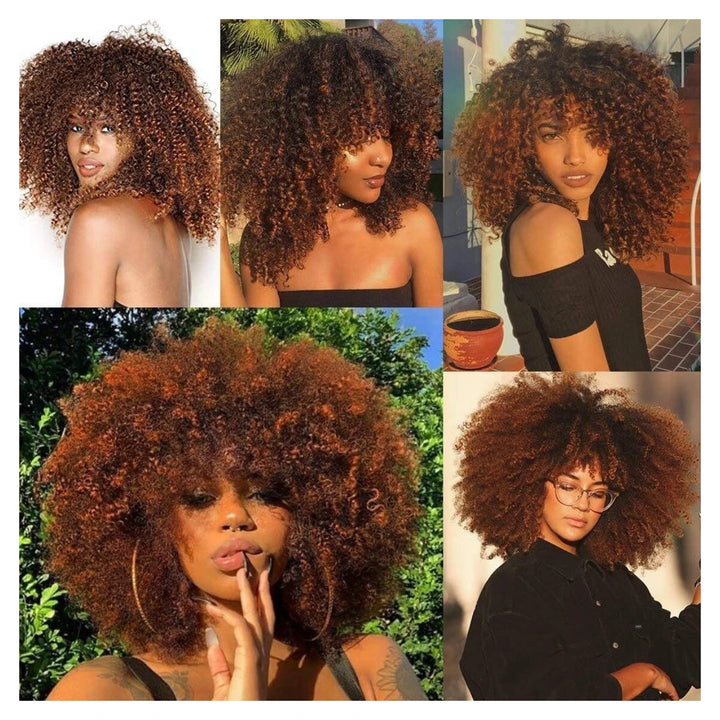 Bling Hair Afro Curly human hair wig in 1B/brown ombre with a fringe and no lace