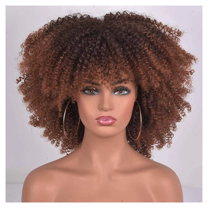 Bling Hair Afro Curly human hair wig in 1B/brown ombre with a fringe and no lace