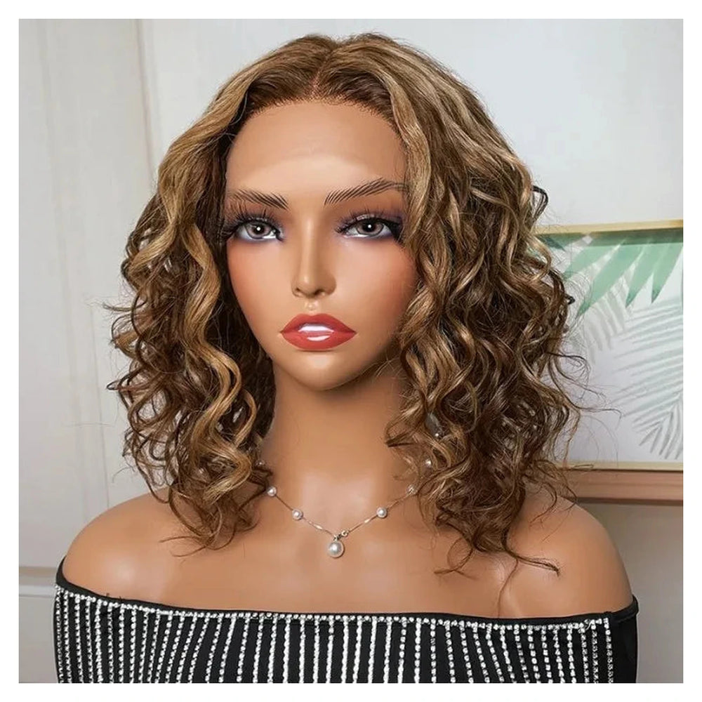 Short light brown human hair lace-part wig with highlights and bouncy curls