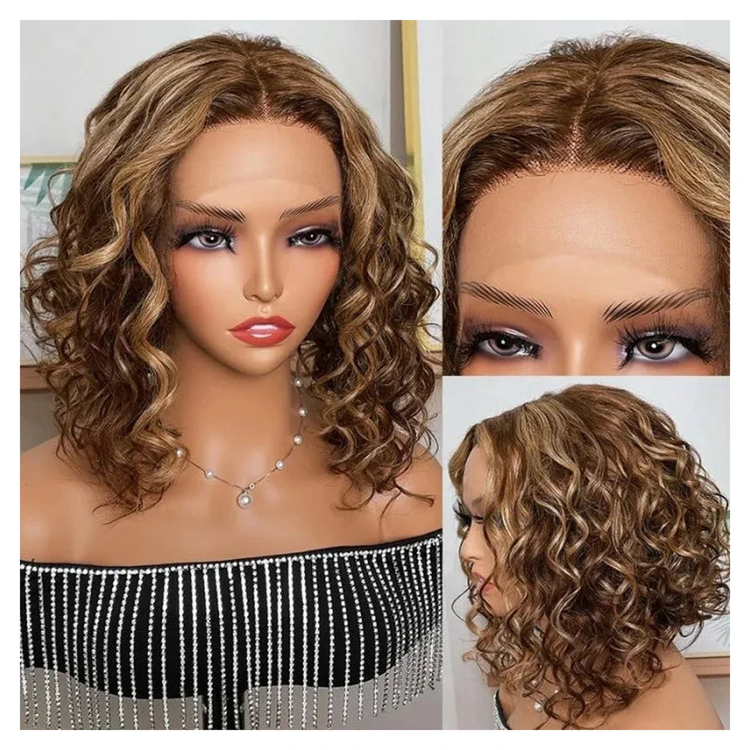 Short light brown human hair lace-part wig with highlights and bouncy curls