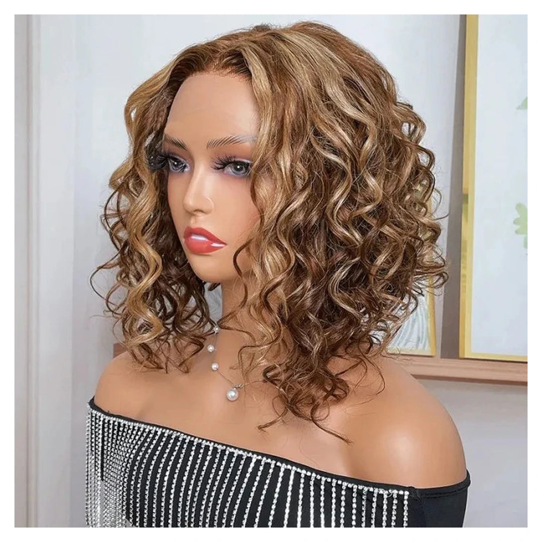 Short light brown human hair lace-part wig with highlights and bouncy curls