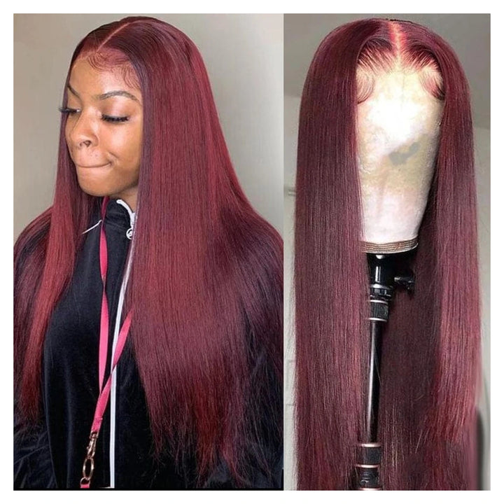 Bling Hair Special Perks straight human hair wig in 99J burgundy with a 13×4 lace part