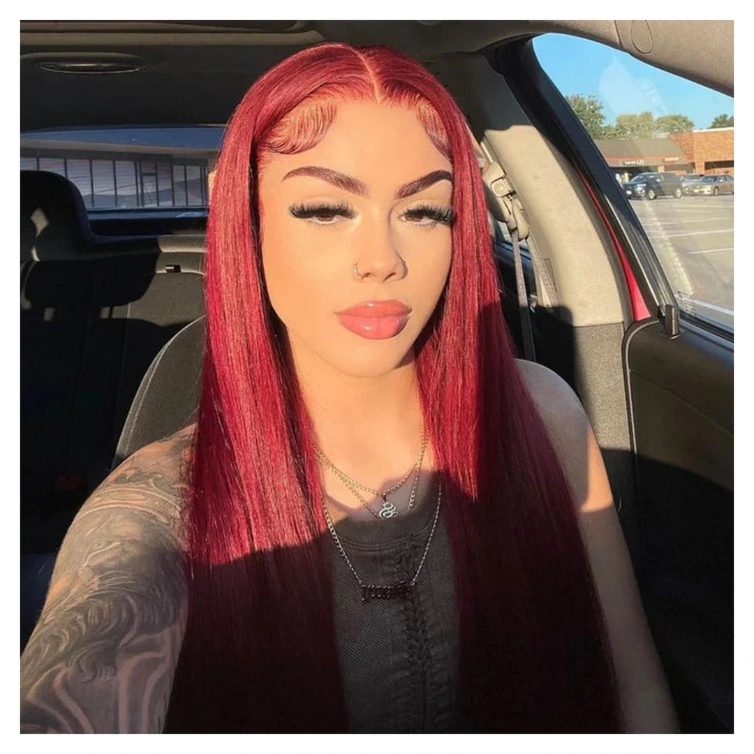 Bling Hair Special Perks straight human hair wig in 99J burgundy with a 13×4 lace part