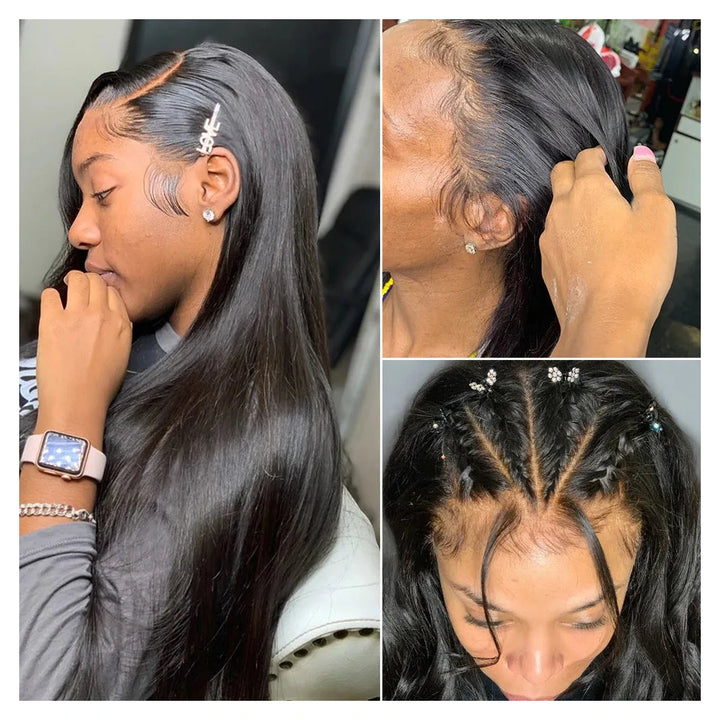 Natural-color virgin human hair wig offered in Straight or Body Wave with a 13-by-6-inch transparent lace front