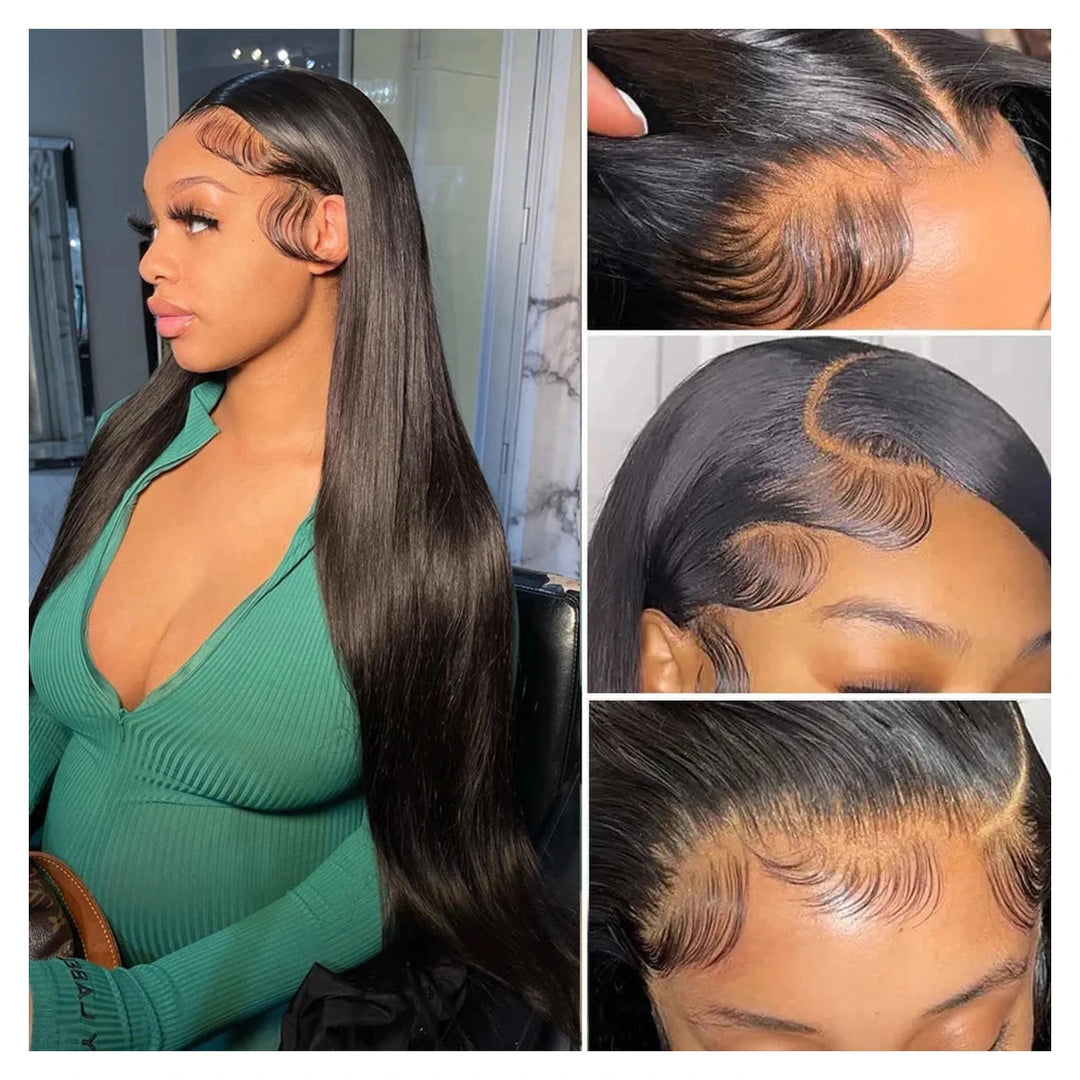 Natural-color virgin human hair wig offered in Straight or Body Wave with a 13-by-6-inch transparent lace front