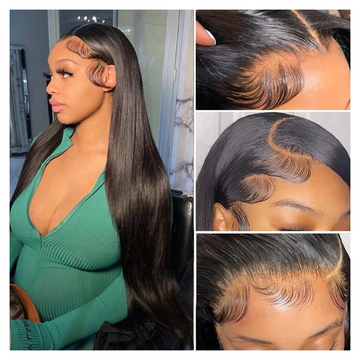 Natural-color virgin human hair wig offered in Straight or Body Wave with a 13-by-6-inch transparent lace front