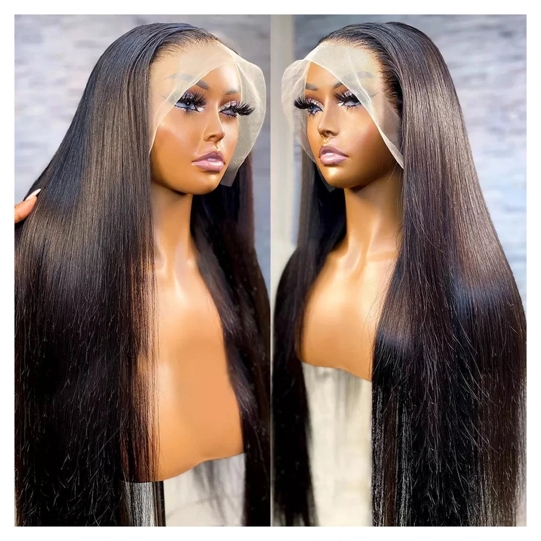 Natural-color virgin human hair wig offered in Straight or Body Wave with a 13-by-6-inch transparent lace front