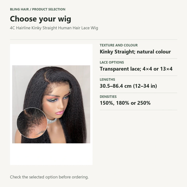 Selection guide for 4C Hairline Kinky Straight Human Hair Lace Wig. Check the selected option before ordering.