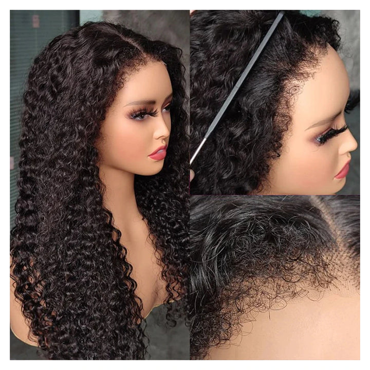 Natural-color Deep Wave virgin human hair wig with 4C-style edges and transparent lace