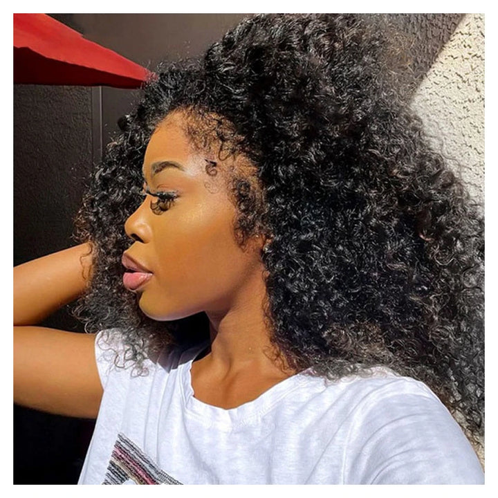 Natural-color Deep Wave virgin human hair wig with 4C-style edges and transparent lace