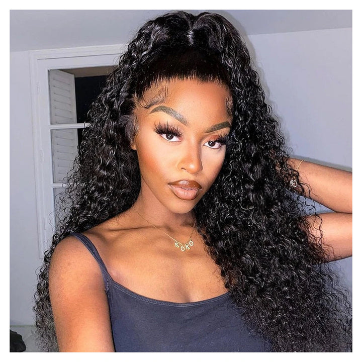 Natural-color Deep Wave virgin human hair wig with 4C-style edges and transparent lace