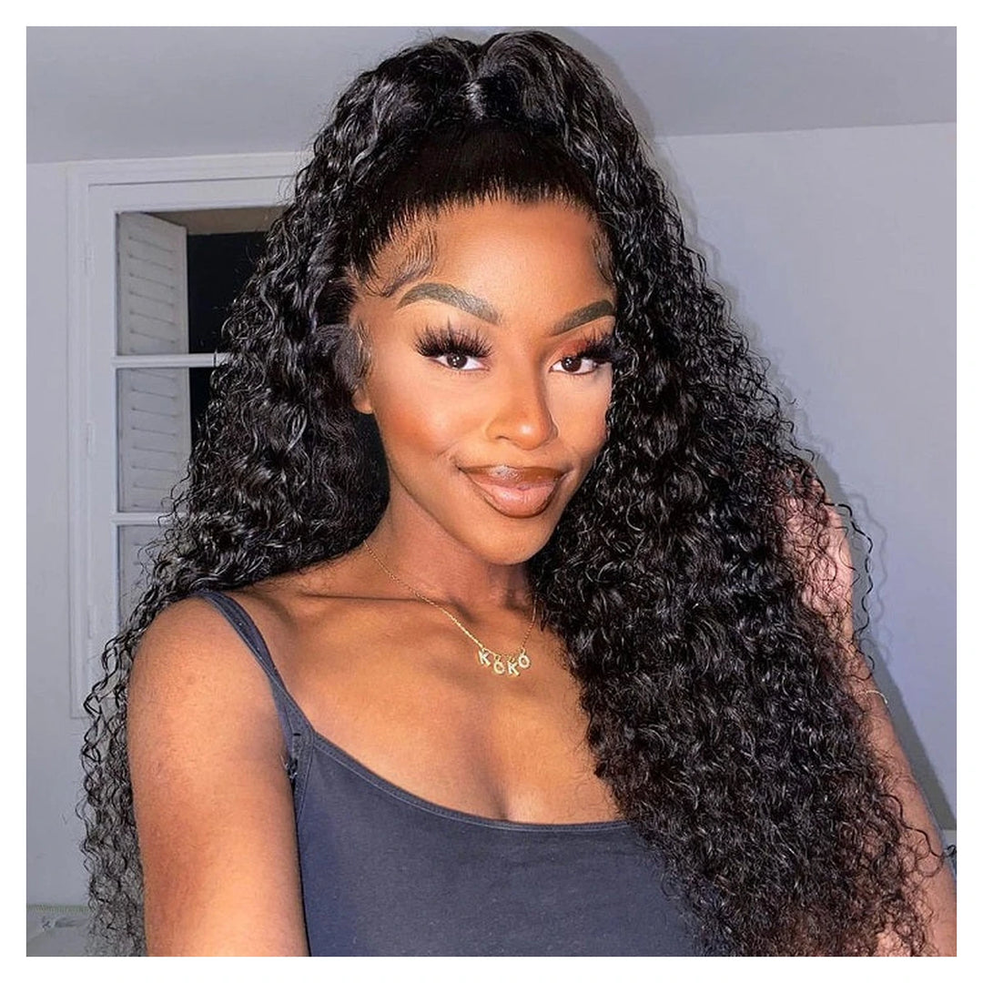 Natural-color Deep Wave virgin human hair wig with 4C-style edges and transparent lace