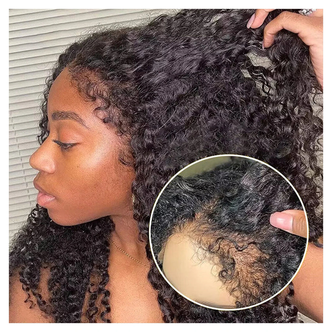 Natural-color Deep Wave virgin human hair wig with 4C-style edges and transparent lace