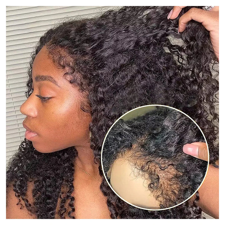 Natural-color Deep Wave virgin human hair wig with 4C-style edges and transparent lace