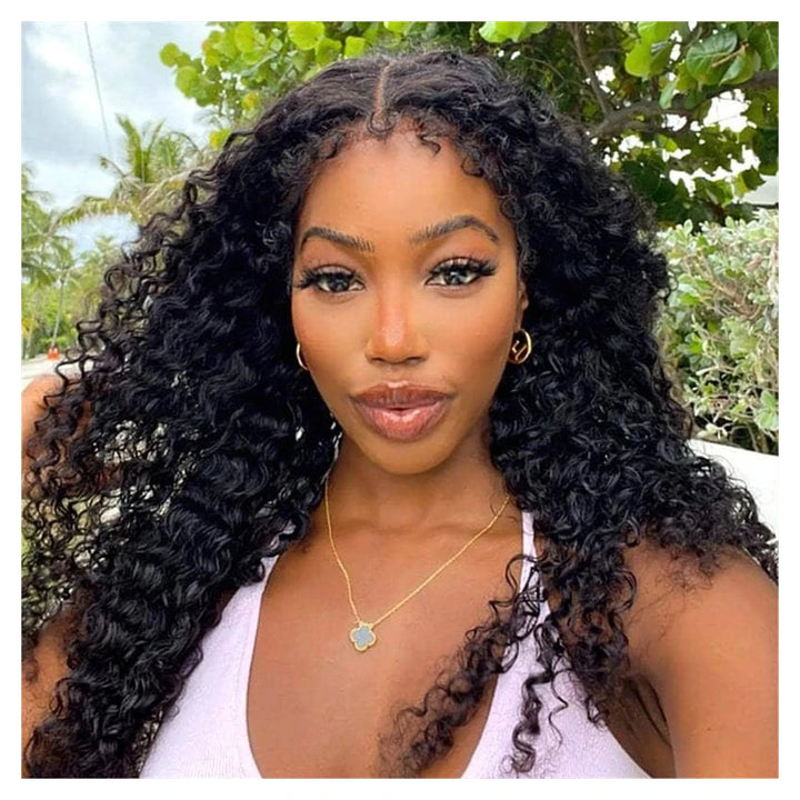 Natural-color Deep Wave virgin human hair wig with 4C-style edges and transparent lace