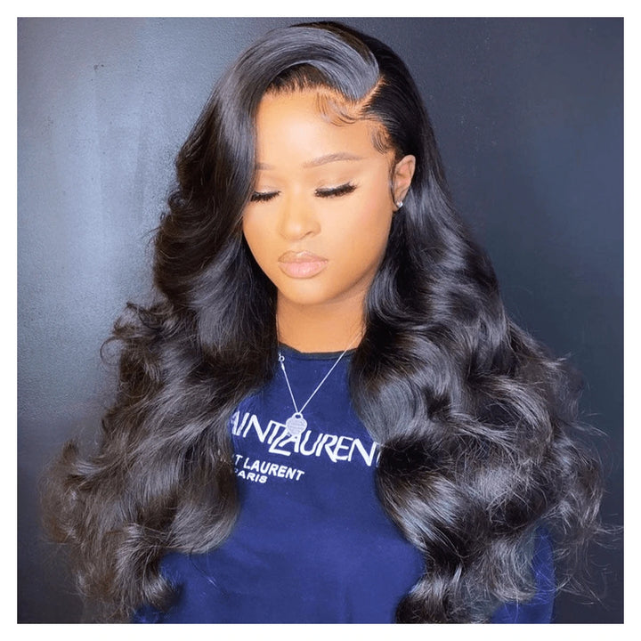 Natural black Body Wave virgin human hair wig with a 13-by-6-inch transparent lace front